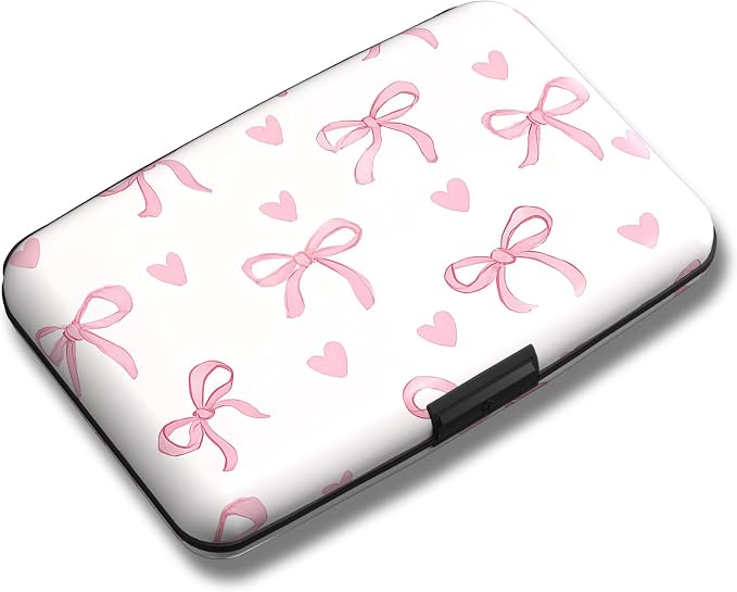 Maicican Credit Card Holder, Mini RFID Blocking Aluminum Wallet | Slim Metal Hard Case Travel Wallet ID Case for Women and Men, 4.3 x 2.9 Inches, Pink Bow