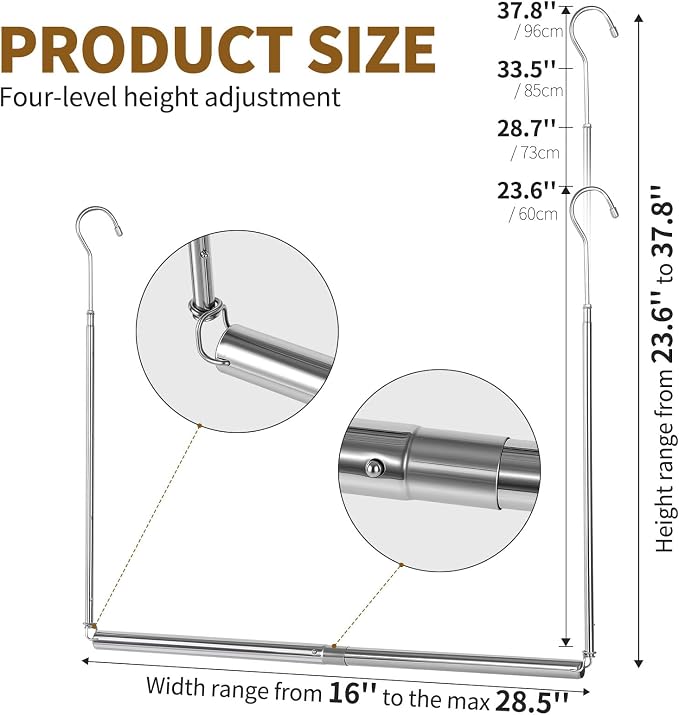 Foldable Hanging Closet Rod Adjustable Width and Height, Chrome | Space-Saving Clothes Hanging Bar，Heavy Duty Closet Hanging Organizer Closet Extender Hanging Rod Double Hanging Rod ,2 Pack