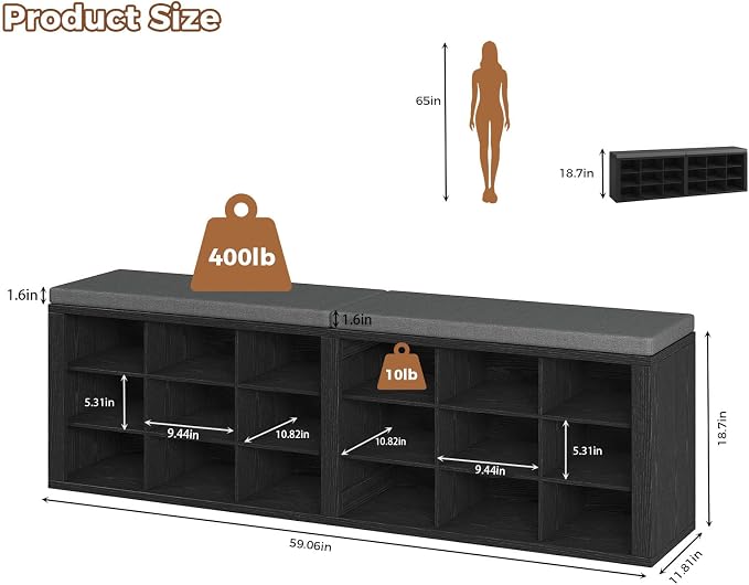 ITEFDTUTNE Shoe Rack Bench, 18 Cubbies Shoe Storage Bench with Cushion, 59" | Entryway Bench with Shoe Storage, Widened Organizer Cabinet for Entryway Hallway Bedroom Living Room, Holds Up to 400lbs