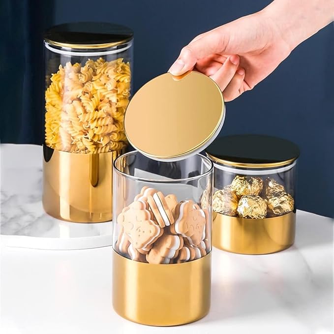 3-Piece Gold-Plated Storage Jars with Gold Lids - Elegant Kitchen Canister Set