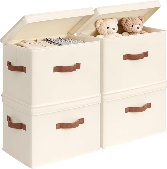 CHICVITA 4-Pack Closet Storage Organizer, Small Storage Bins with Lids, Closet Bins with Handles for Underbed, Ivory