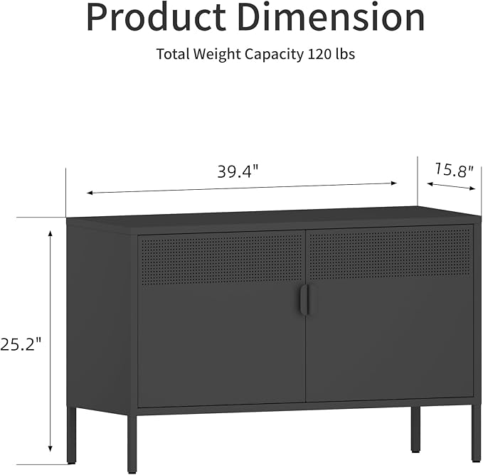 Ustamio Black Wide Metal Locker Storage Cabinet, 2 Door Accent Cabinet for Home and Office, 2 Tier Low Metal Cabinet With Doors and Shelf, Multipurpose TV Stand