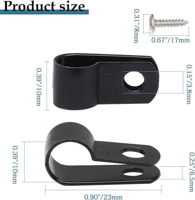 100 Pcs 1/3 Inch Black Nylon Cable Clip Wire Clamp, R-type | 8.4mm, Screw Mounting, Wire Management, Stainless Steel Screws Included