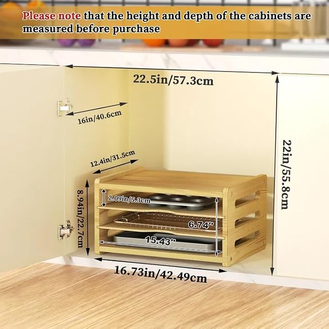 4 Tier Wooden Tray Dividers for Cabinets, Kitchen Vertical Baking Sheet Organizer, Storing Pans, Baking Trays, Cutting Board
