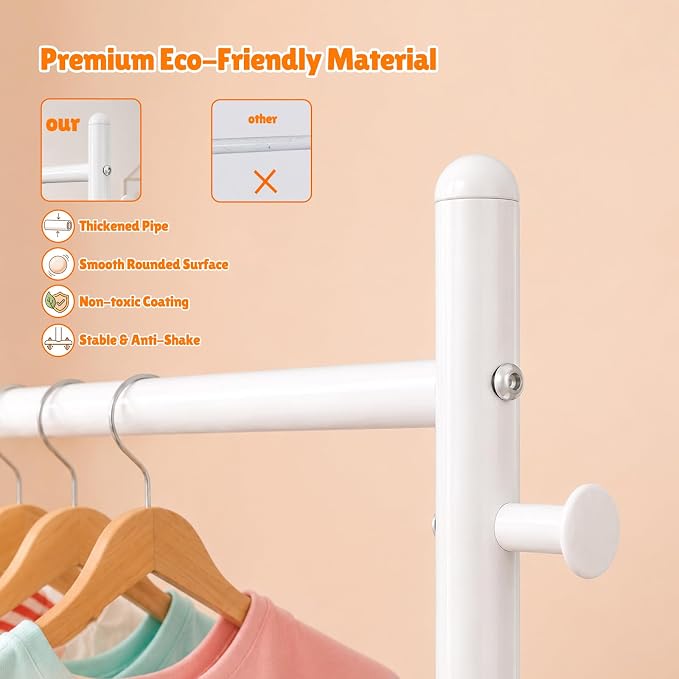 Kids Clothing Rack with Double Rod, Storage Basket & Hooks, Height Adjustable Kids Clothes Rack, Portable Baby Dress Up Garment Rack for Princess Dresses, White