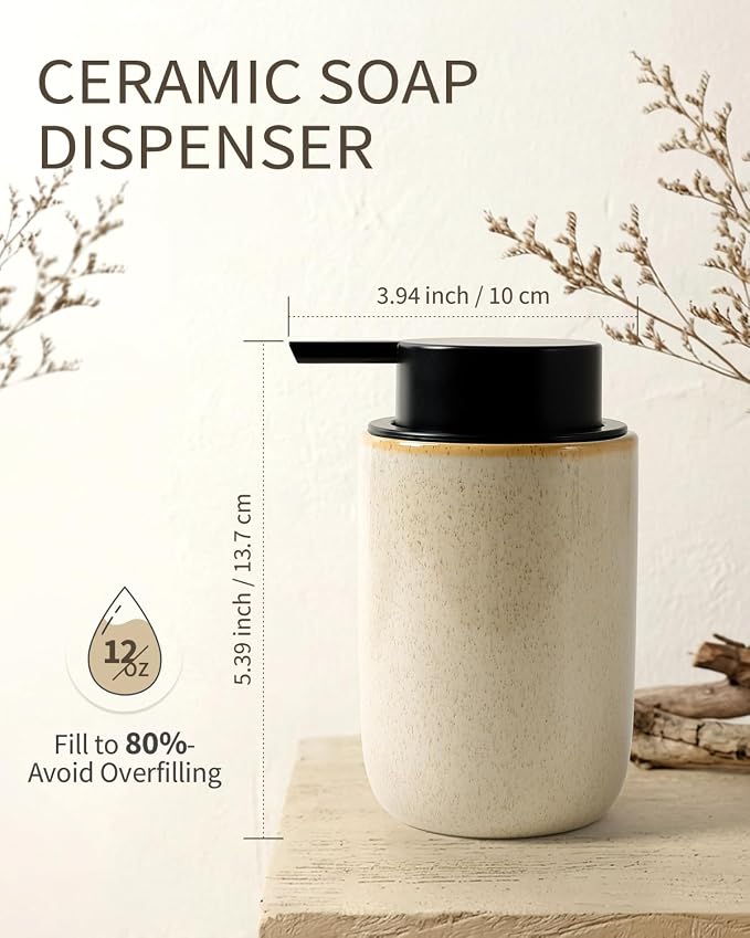 BosilunLife Lotion Pump Dispenser for Bathroom, Kitchen, Countertop | Hand Soap Dispenser Bathroom Ceramic Dish Liquid Soap Dispenser (Greige with Speckle, Liquid Pump)