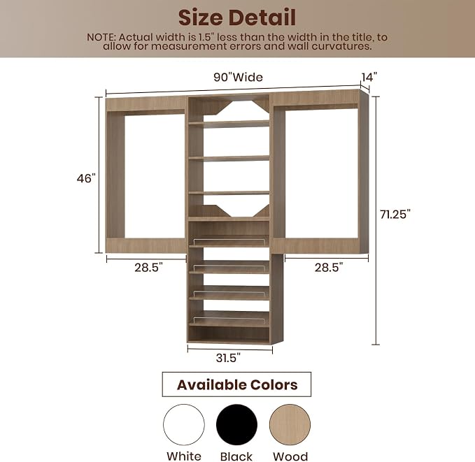 ROOMTEC Modular Closet System, 90" Wall Mounted Closet Organizer with Hanging Rods and Shoe Shelf, Wooden Tower for Walk-In Closets, Wardrobe Storage Kit, Wood