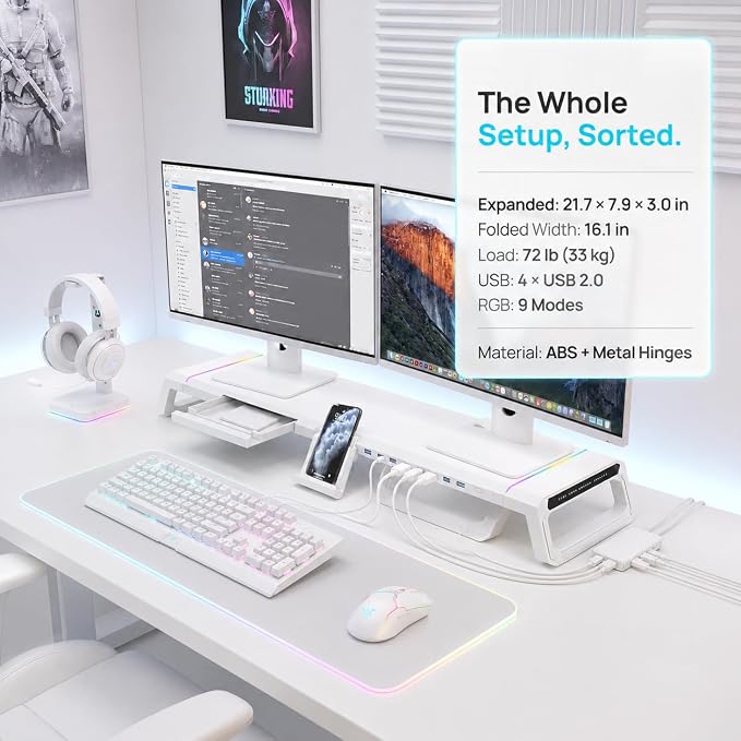 Monitor Stand Riser for Desk, Foldable Computer Monitor & Laptop Stand with Drawer, 4 USB 2.0 Ports, RGB Lighting, Phone & Tablet Holder, 72 lb Capacity (White)