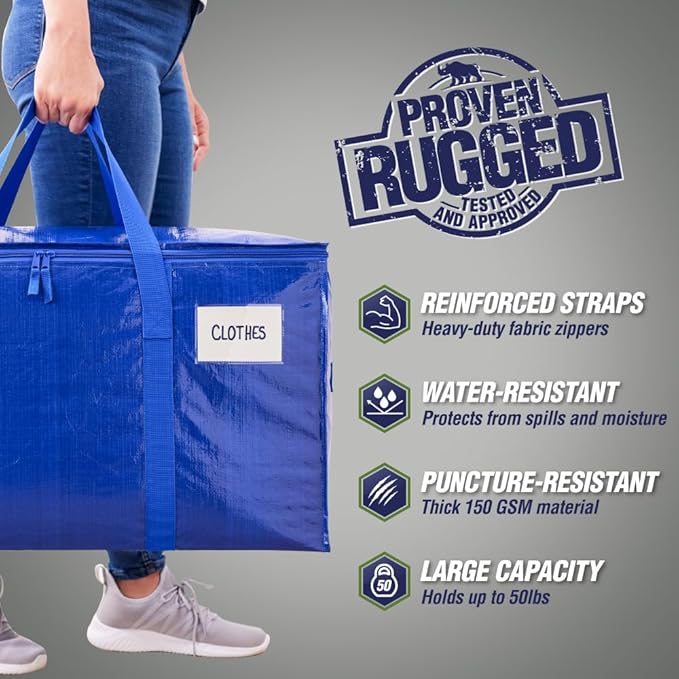 RUGGED RHINO 6 Pack Heavy Duty Extra Large Moving Bags, Durable Bag Strong Handles and Zipper, Moving Boxes Alternative for College Packing, Holiday Décor, Space Saving Storage with Label, Blue/Clear