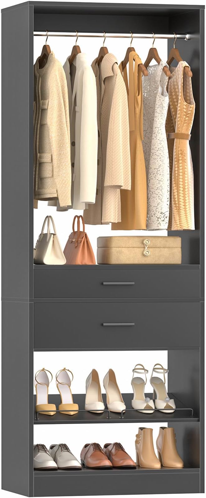 Unikito 25" W x 80" H Closet Organizer Storage with Hanging Rod and 2 Wooden Drawer, Adjustable Angled Shoes Rack, Sturdy Garment Racks, Walk-in Closet Tower for Bedroom, Mudroom, and Entryway, Black