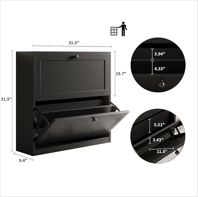 VOWNER Shoe Cabinet with 2 Flip Drawers, Freestanding Shoe Storage Cabinet with Adjustable Shelf & Anti-Tipping Device, Shoe Rack for Entryway, Hallway, Living Room (Black)