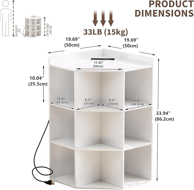 ALISENED 9 Cubes White Corner Cabinet, Corners Cube Shelf with USB Ports and Outlets, Toy Corners Storage for Small Space, Wooden Cubby Corner Bookshelf for Living Room, Bedroom, Dining Room, Kitchen