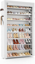 VILICK Shoe Rack with Cover Narrow Shoe Organizer with Pockets 10 Tier Tall Shoe Storage Holds 36-41 Pairs Shoes and Boots Shoe Rack for Closet Entryway Garage, White