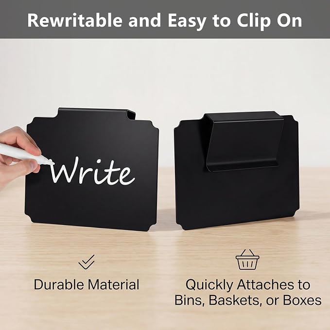 20 Pcs Basket Labels Clip On for Storage Bins, Pantry Organization with2 Markers and 2 Wipe Cloths Reusable Clip on Chalkboard Basket Tags for Pantry Storage Kitchen