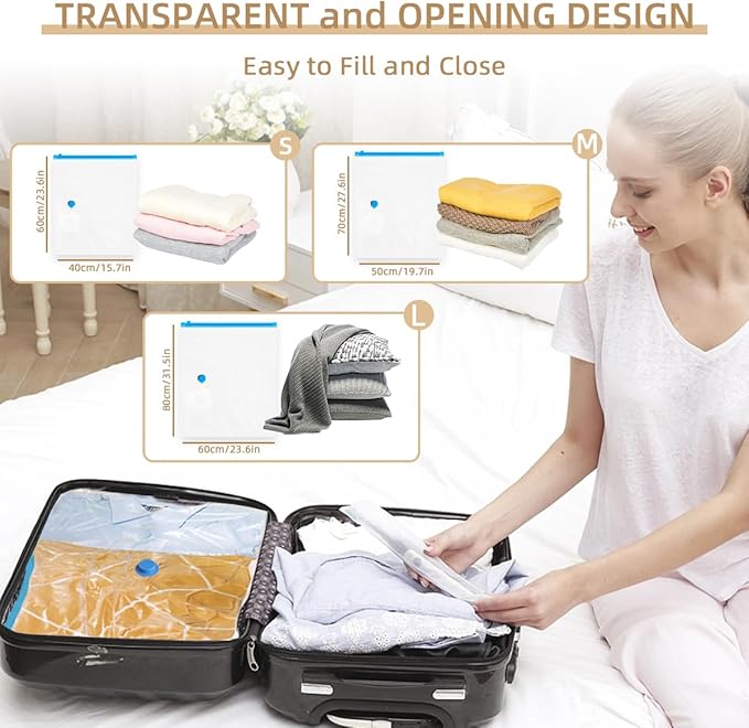 Vacuum Seal Bags with Portable Electric Pump, 12 Pack Vacuum Storage Bags for Clothing Travel, Compression Packing Space Saver Bags for Luggage Suitcase (4 Small & 4 Medium & 4 Large)