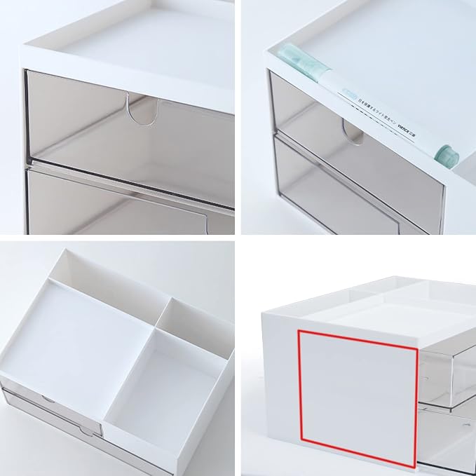 Desk Drawer Organizer, Desk Storage Box with 2 Drawers and 4 Compartments, Multifunctional Desk Accessories & Countertop Organizers for Office School Home (White）