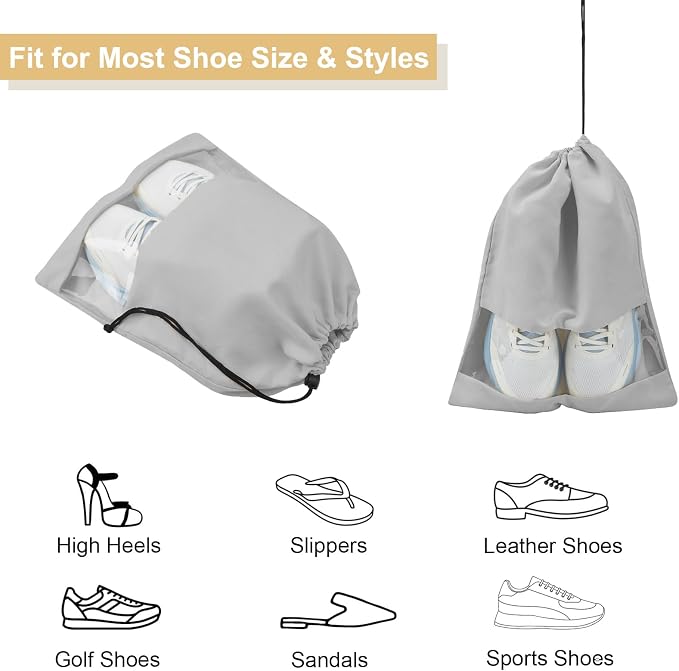 4 Pcs Shoe Bags for Travel with Clear TPU Window, 13.8"x17.7" Dustproof Travel Shoe Bags, Drawstring Travel Shoe Storage Bags for Men & Women (Grey)