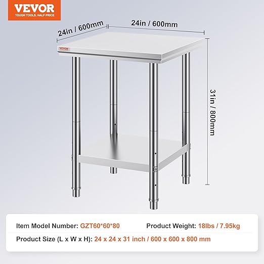 Vevor Stainless Steel 24 x 24 x 32 Inch Commercial Kitchen Prep & Work Table Heavy Duty Metal Work Table with Adjustable Feet for Restaurant, Home and Hotel