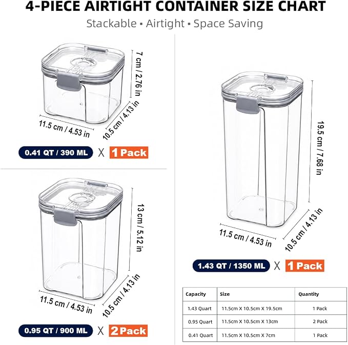 alaboom 4-Piece Airtight Vacuum Food Storage Containers with Hand Pump, Reusable Leak-Proof Plastic Canisters for Longer Freshness (1.43 QT, 0.95 QT*2, 0.41 QT)