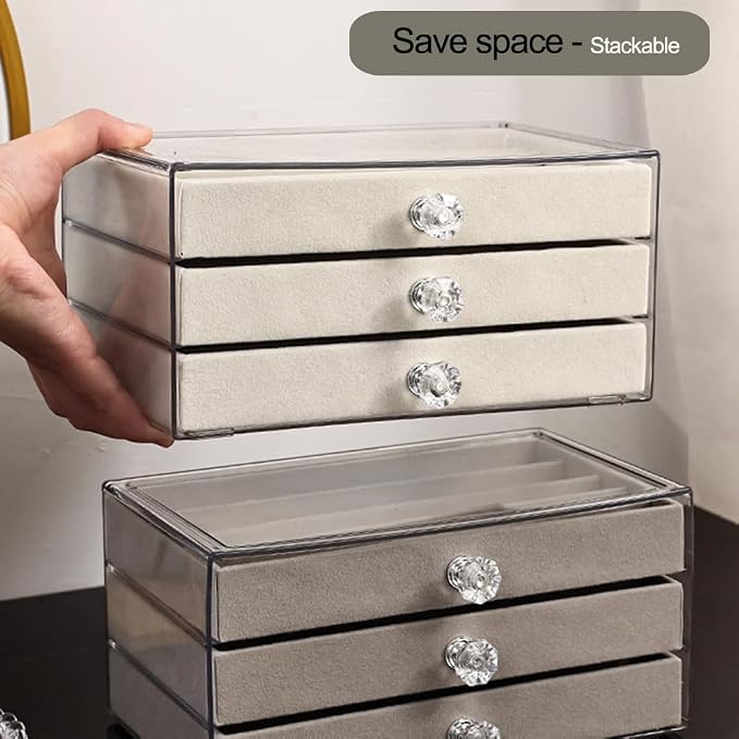SPAKOWN Earring Box Holder Organizer Display Case | Clear Velvet Jewelry Storage Tray Organizer for Earring Ring Stud (Grey - 5 Drawers)