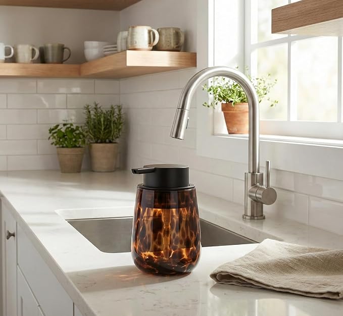 Marble Glass Foaming Hand Soap/Lotion Pump Dispenser, Refillable for Kitchen and Bathroom Countertop (Amber)