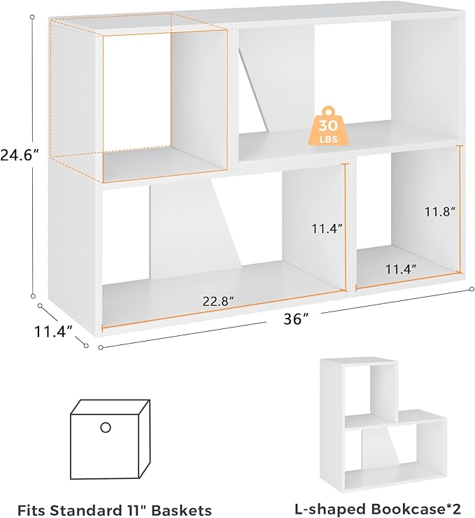 MapleGrace 6 Cube Storage Organizer, Wooden Storage Shelves Bookcase with Back Panels, Stackable Display Bookshelf for Living Room, Bedroom, Study, Hallway, White