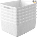 Curver Set of 6 Medium 12L Jute Decorative Plastic Organization and Storage Baskets - Perfect Bins for Home Office, Closet Shelves, Kitchen Pantry and All Bedroom Essentials, White