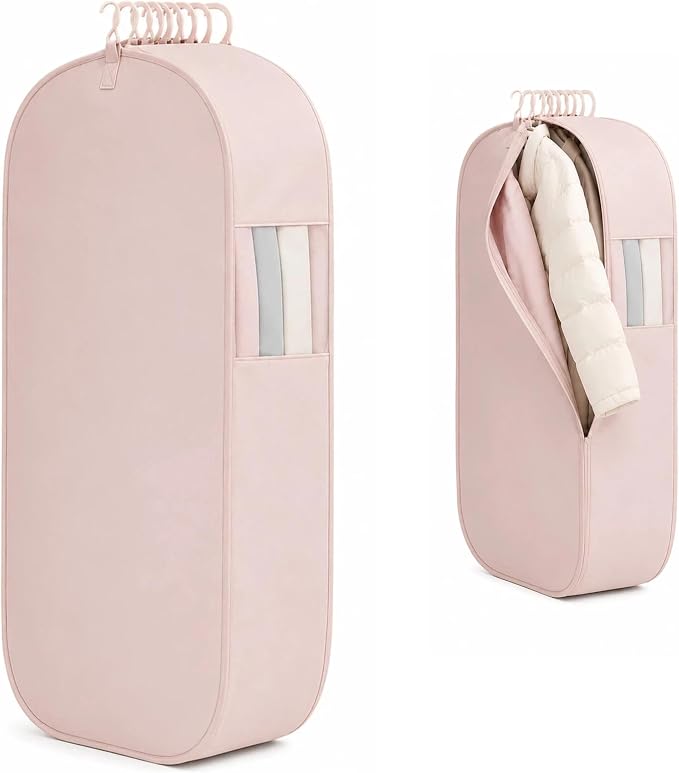 Space Saving Hanging Garment Bag, Compression Zipper for Coats & Jackets | Hanging storage keeps clothes visible and easy to find; holds 12-15 coats or 20-25 light garments; no pump needed.