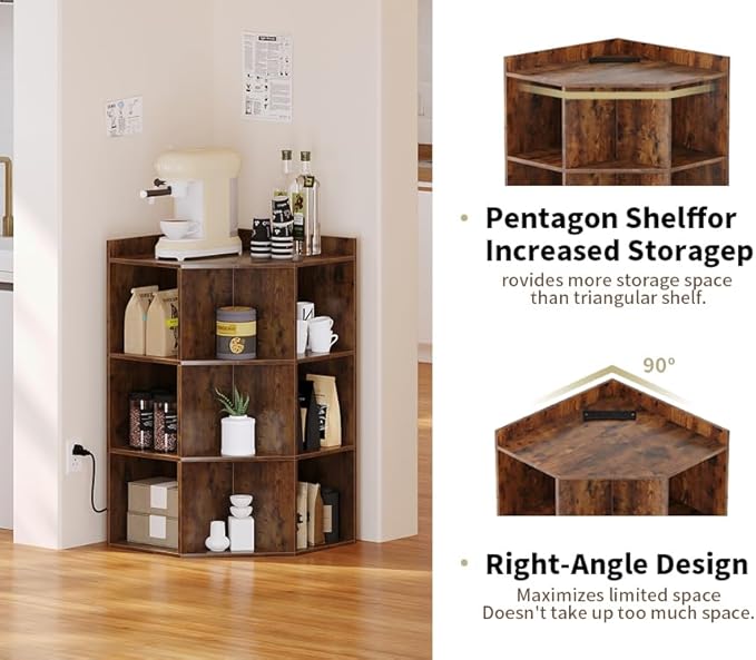 ALISENED 9 Cubes Brown Corner Cabinet, Corners Cube Shelf with USB Ports and Outlets, Toy Corners Storage for Small Space, Wooden Cubby Corner Bookshelf for Living Room, Bedroom, Dining Room, Kitchen
