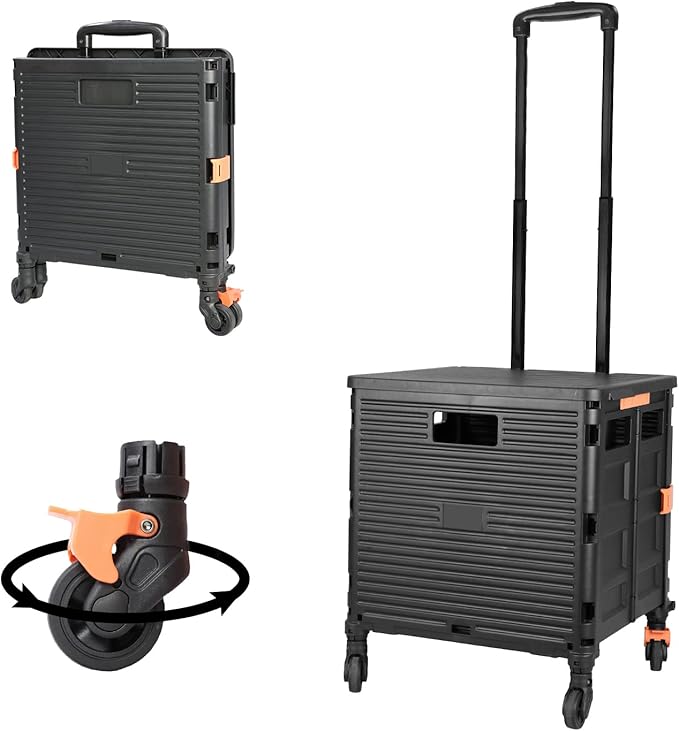 Utility Cart Folding Portable Rolling Crate Handcart with Lid Durable Heavy Duty Plastic Telescoping Handle Collapsible 360 Degree Rotate Wheels for Travel Shopping Moving Luggage Office Use,Black