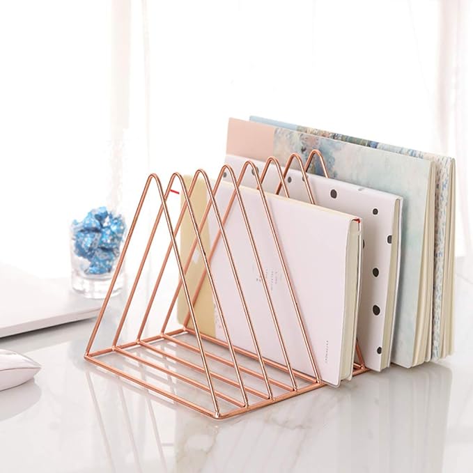 Sooyee 9 Slot Metal Record Holder Storage, Rose Gold | Magazine Holder, Book Album Display Rack, Desktop File Sorter Organizer, Triangle Bookshelf Decor for Home Office