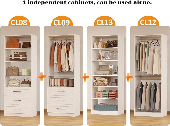 Closet System with 4 Sets, 8-21FT Closet Organizer Systems with 6 Drawers & 7 Hanging Rods & Adjustable Shelves, Walk in Closet Standalone Closet System Modular Closet System Set White