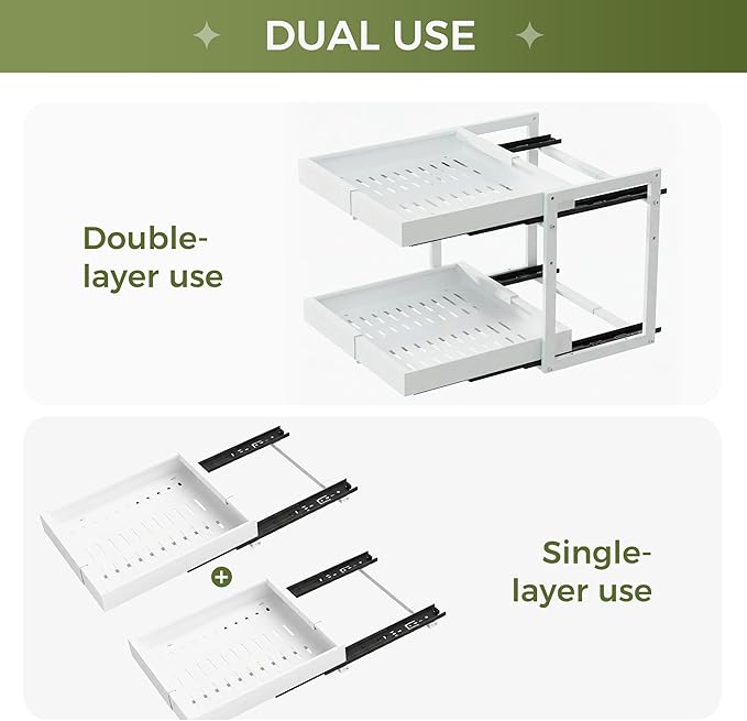 Abalter Expandable Pull Out Cabinet Organizer, 2-Tier Slide Out Drawer for Kitchen Cabinets, Adjustable Width 12-18.5", Slide Out Shelves for Kitchen Countertop, Bathroom, Pantry, Heavy Duty Caddy