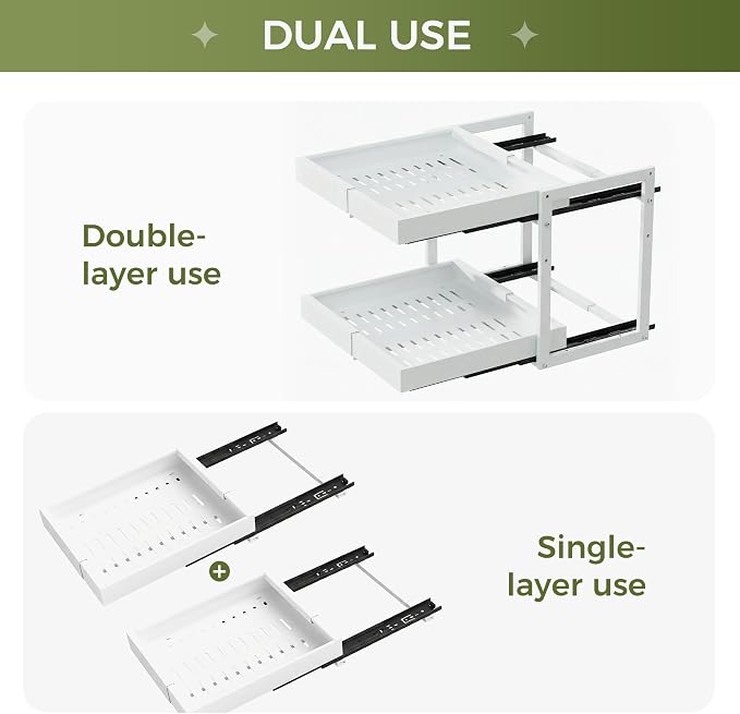 Abalter Expandable Pull Out Cabinet Organizer(12-18.5" W x 21" D), 2-Tier Slide Out Drawer for Kitchen Cabinets, Slide Out Shelves for Kitchen Countertop, Bathroom, Pantry, Heavy Duty Caddy(White)
