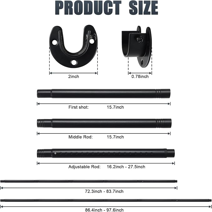 Closet Rods for Hanging Clothes, 16 to 84 Inches Closet Rod, Black Closet Hanging Rod, Adjustable Rod for Closet to Hang Clothes Heavy Duty Clothing poles for Closet, Wardrobes, Laundry, RV
