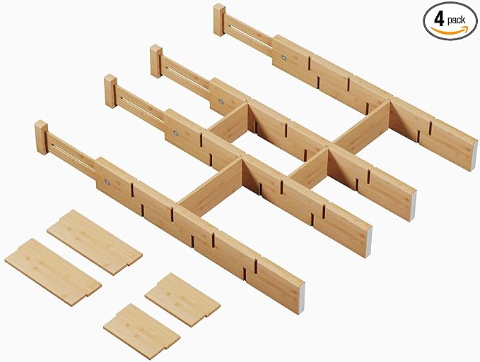 Bamboo Drawer Dividers 4 Pack with Inserts, Kitchen Adjustable Drawer Organizers for Home, Bedroom, Dresser, Expandable Organization 4 Dividers with 8 Inserts