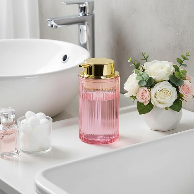 Foaming Soap Dispenser, 12 Oz Pink Glass Foam Hand Soap Dispenser, Refillable Glass Foam Pump Bottle Container Decorative Slim Ribbed Bottle for Bathroom and Kitchen