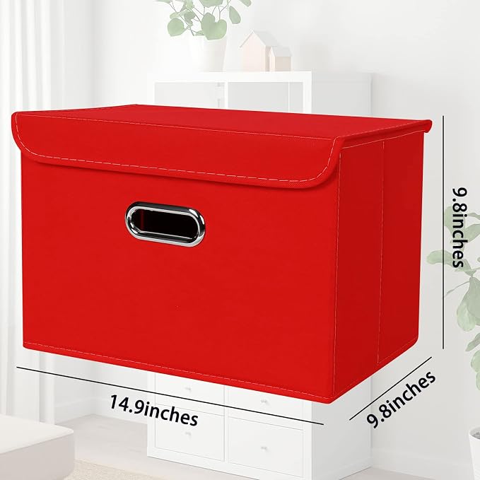 STOREONE Fabric Storage Cube Bins Foldable Organizer Container Collapsible Basket with Lids and Metal Handles, for Home, Bedroom, Closet 8 Pcs (Red)