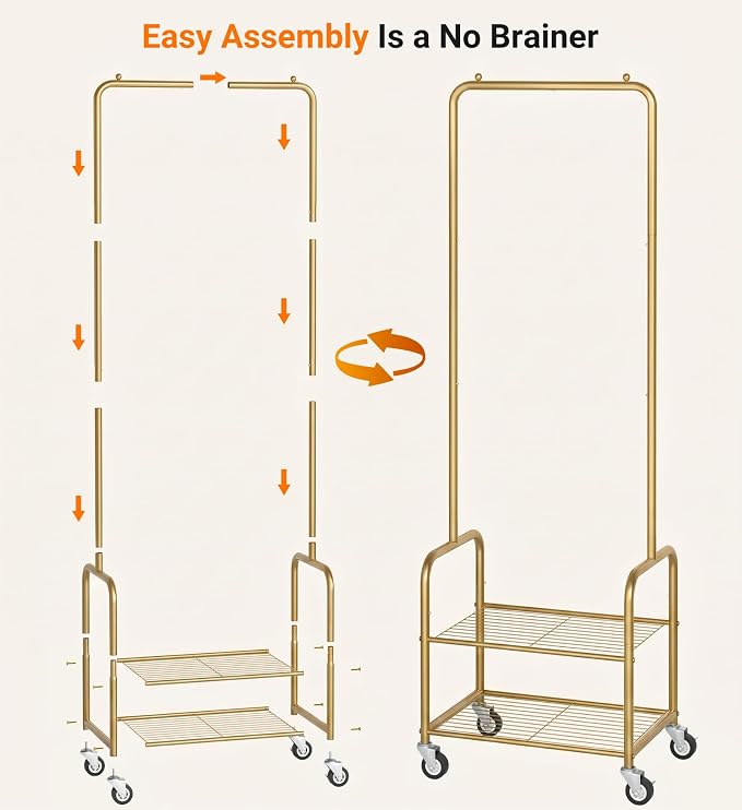 AOODA Small Clothes Rack with Shelves, Metal Sturdy Rolling Clothing Racks for Hanging Clothes, Portable Garment Rack with Wheels for Shirts, Coats, Shoes, Bags (Gold)