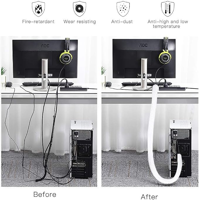 AGPTEK Cable Sleeve Cover, 10ft - 4/5 inch Desk Cord Organizer Cable Hider, Home Office Wire Management Computer TV Wire Loom Tubing, Pet Proof Cord Protector, from Cat Dog Chewing, White