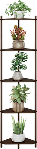 Wisuce Brown Tall Corner Shelf Stand, 5-Tier Bamboo Corner Bookshelf | Space-Saving Narrow Corner Shelf | Bathroom Corner Shelf | Shelves for Bedroom, Living Room, Kitchen & Plant Display