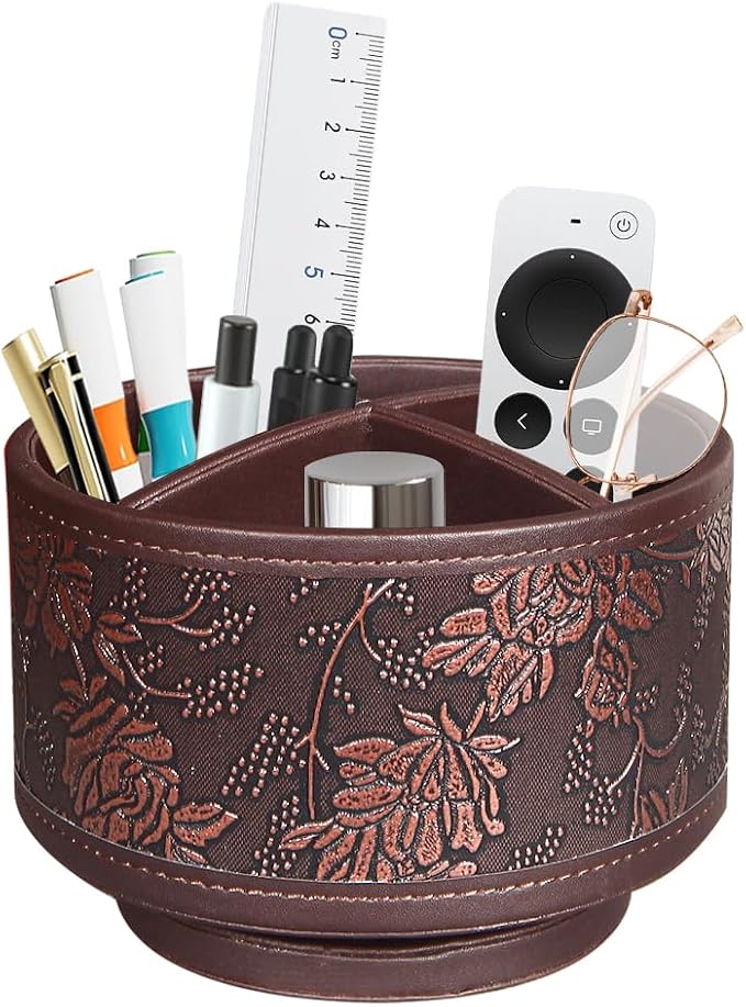 Pen Holder for Desk Organizers and Accessories, TV Remote Control Holder | PU Leather Nightstand Caddy, 360 Swivel TV, Art/Office Supplies Stationery, Table Bedside Decorations Living Room, Home Decor