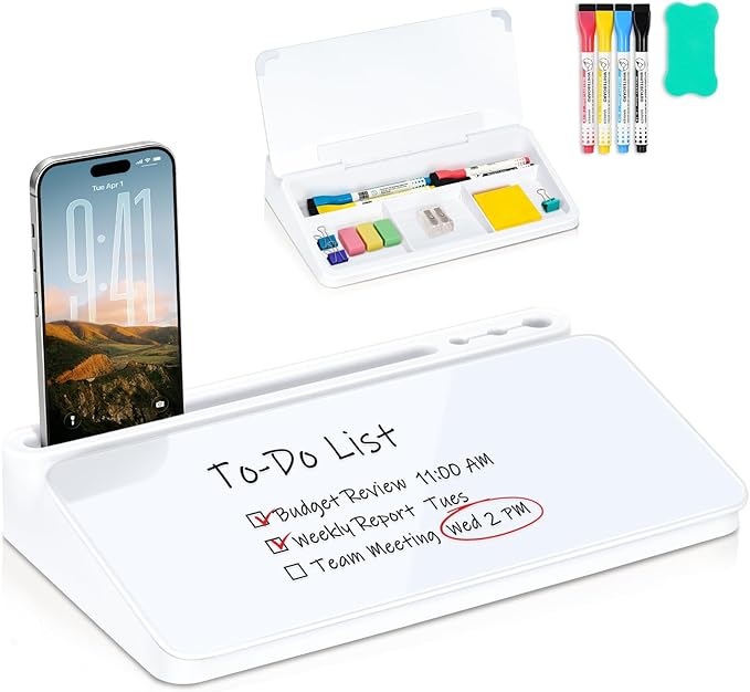 Small Desktop Glass Whiteboard with Storage, Desk Dry Erase White Board | Computer Keyboard Stand, Office Desk Organizers and Accessories with Drawer, To Do Memo Notepad, Home School Supplies