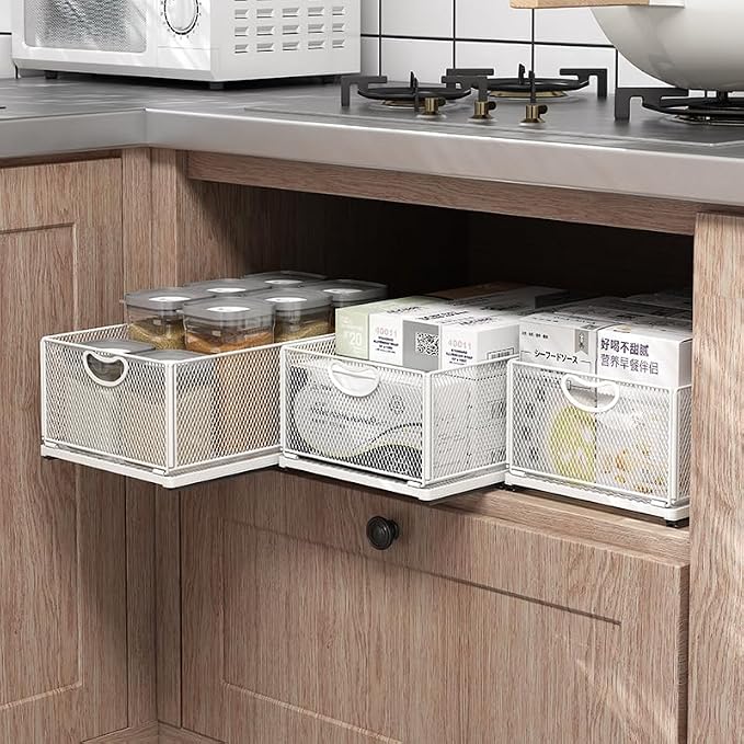Pull out Cabinet Organizer Fixed with Adhesive Nano Film Heavy Duty Slide out Pantry Shelves Drawer Storage under sink organizer Sliding Mesh Cabinet Basket with Handle for Kitchen (Extra Extended)