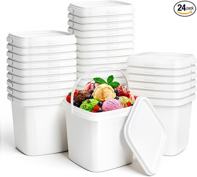 24 Pack Ice Cream Containers, Plastic Buckets with Lids 68 oz, White | 2 Qt Square Food Storage Containers, Handles, Freezer Safe, Leakproof, Reusable