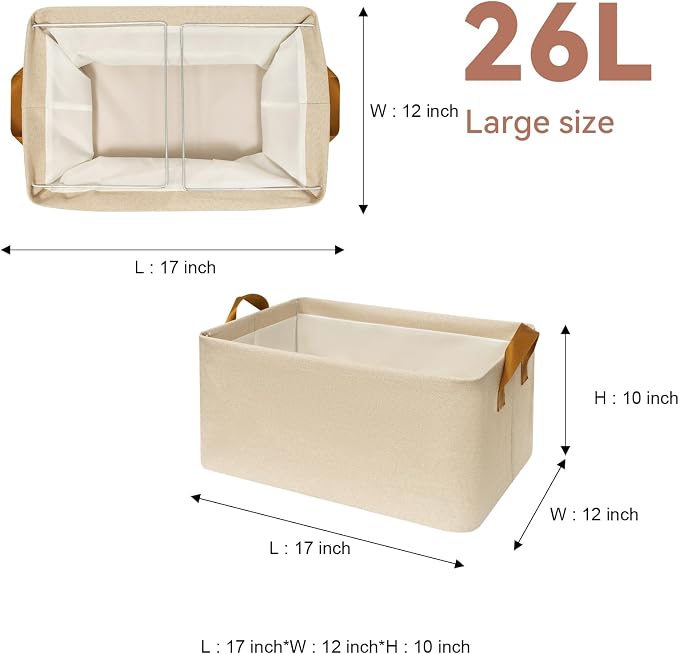6 Pack Closet Cloth Storage Bins with Handles（ Beige 17''L x 12''W x 10''H）
