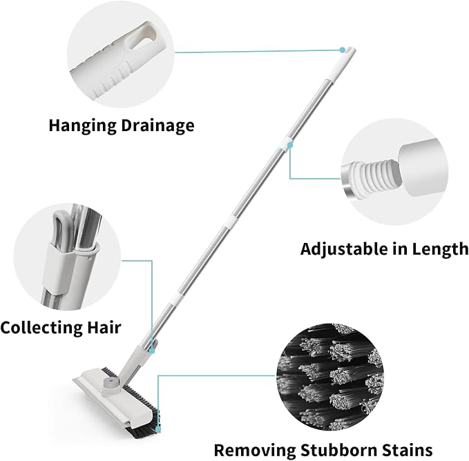 Floor Scrub Brush with Long Handle, 3 in 1 Scrape and Heavy-Duty Stiff Bristle Scrubber Brush for Cleaning Shower Bathroom, Patio, Garage, Kitchen, Wall and Deck (White, 2 Pack)