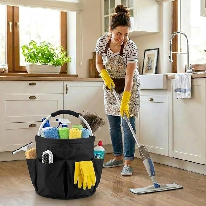 Foldable Cleaning Caddy with Handle 17L Large Cleaning Supplies Organizer 600D Oxford Portable Bucket Basket with 6 Pockets for Home Bathroom Garden Garage - Black