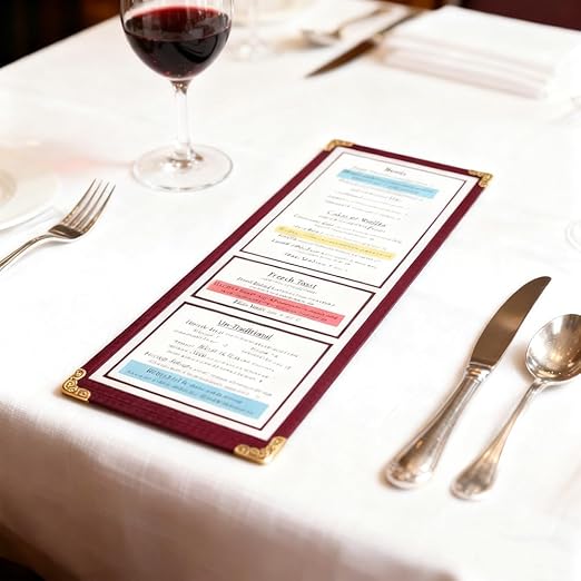 Goodsmart Restaurant Menu Covers - 25 Pack Burgundy 1-Page/2-View 4.25" x 14", Top-Loading Vinyl Menu Holders with Clear Sleeves, Double-Stitched Edge, Leather-Style Café Covers with Gold Corners