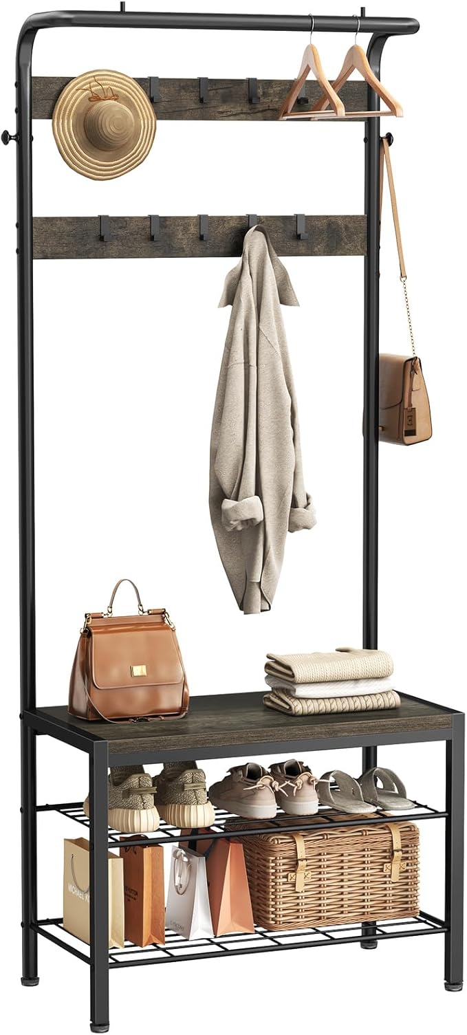 Hall Tree with Bench and Shoe Storage, 4-in-1 Entryway Organizer with 10 Hooks and Storage Shelf,Coat Rack Freestanding with 2-Tier Storage Shelf for Living Room, Bedroom Gray